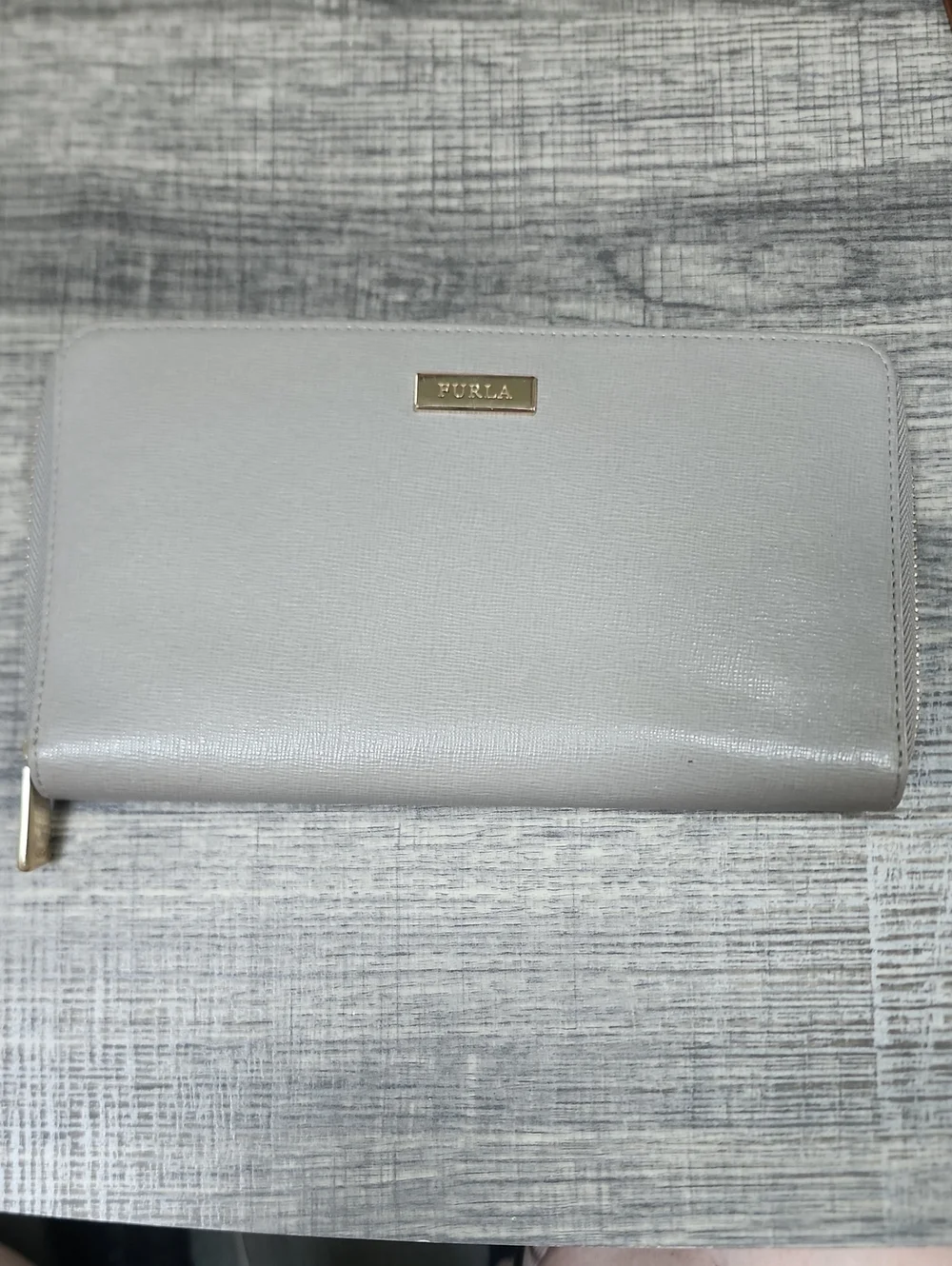 Furla Saffiano Zip Wallet in Pale Gray with Gold Hardware